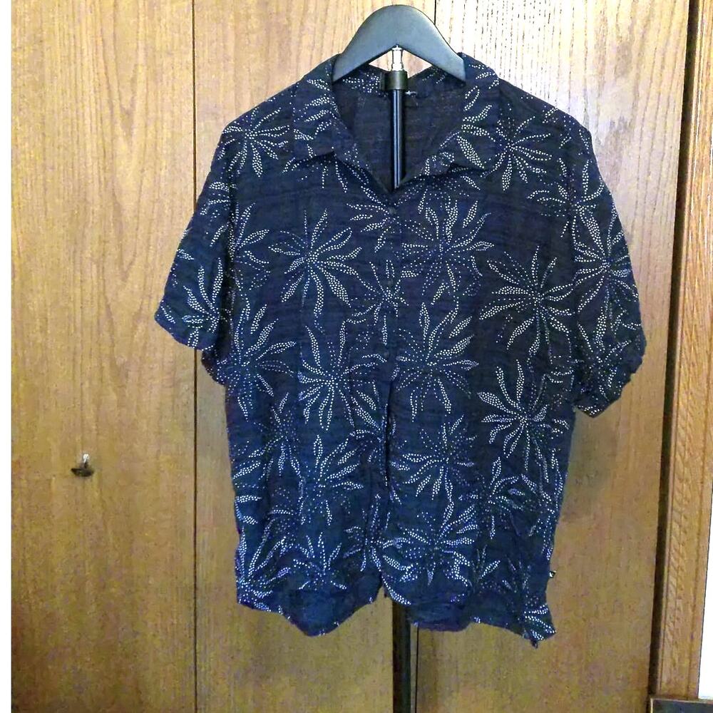 Navy Blue Short Sleeve Palm Starburst Print Casual Button Down Shirt XL
